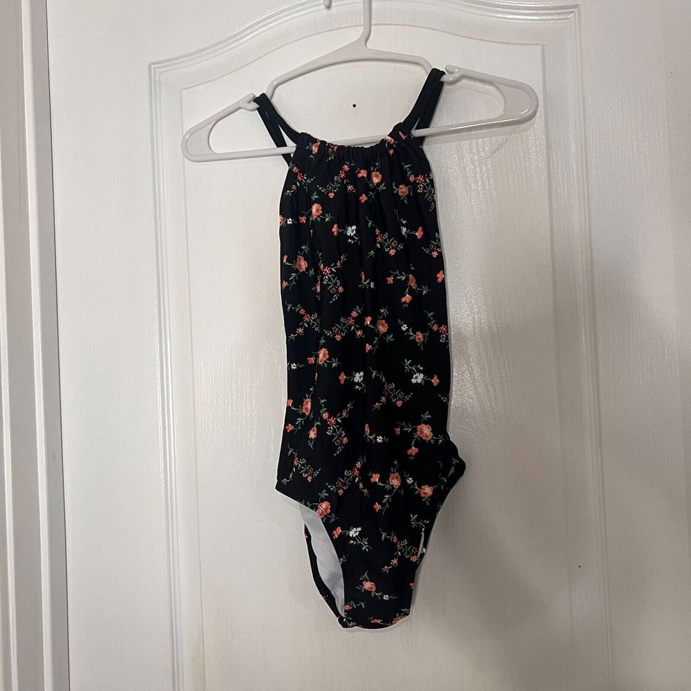 Kanu Surf Girls Rose Garden One Piece Swimsuit Black Floral Strappy Back Size 12